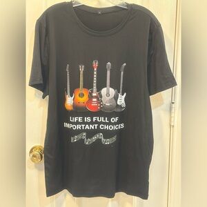 GUITAR Black Graphic T-Shirt with 5 Guitars and Message Size M New W/O Tags
